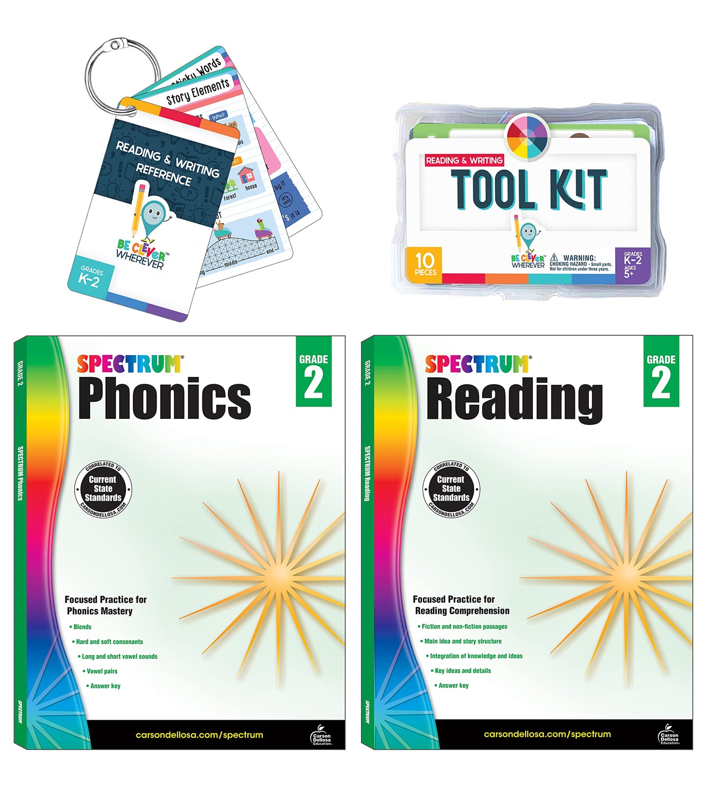 Carson Dellosa 29-Piece Reading Comprehension 2nd Grade Teaching Supplies, Spectrum Phonics and Reading 2nd Grade Workbooks, Writing Tool Kit, and Reference Flash Cards