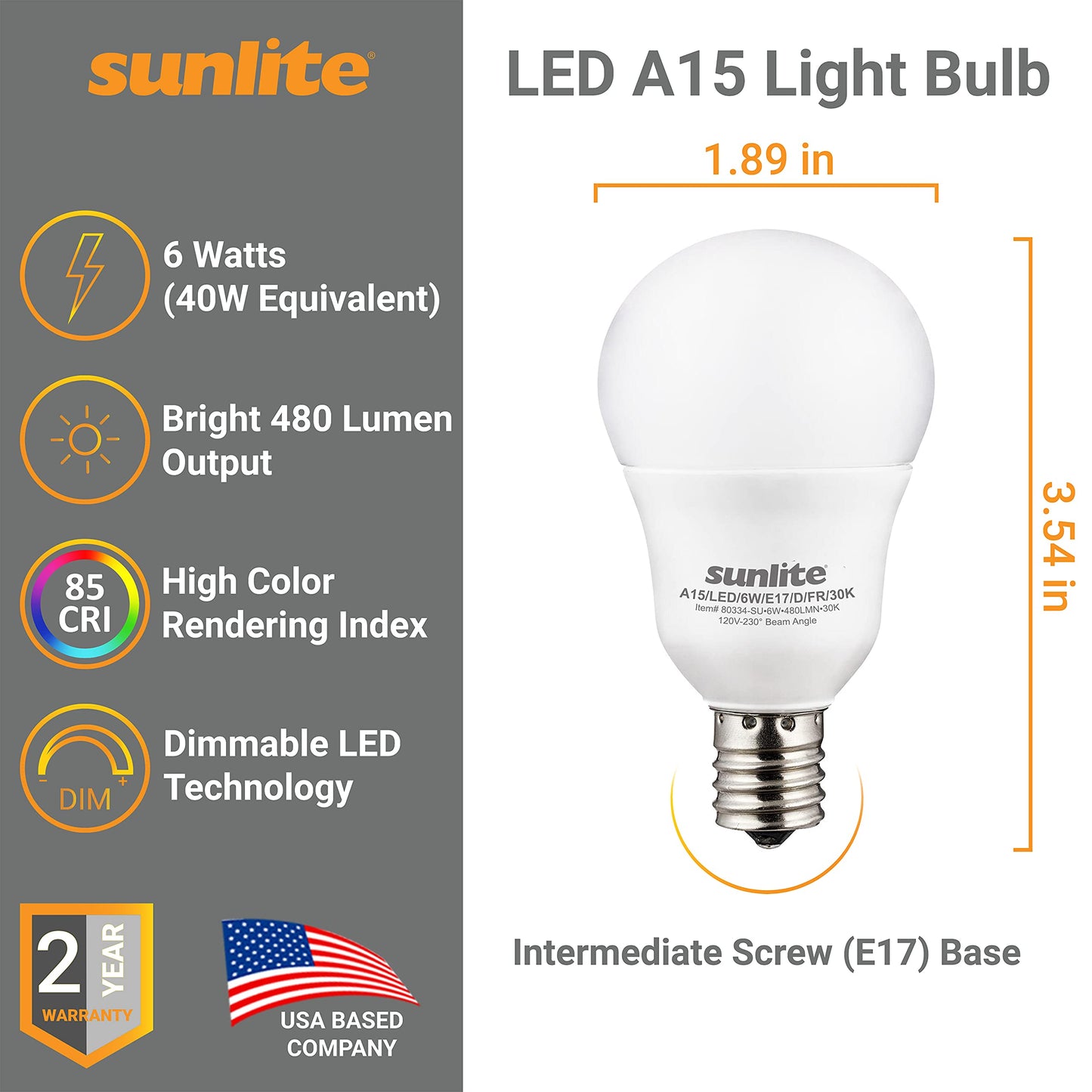 Sunlite A15 E17 LED Bulb, 6W (40W Equivalent), 480 Lumens, Dimmable, 6 Pack, Frosted Finish, 2700K Soft White
