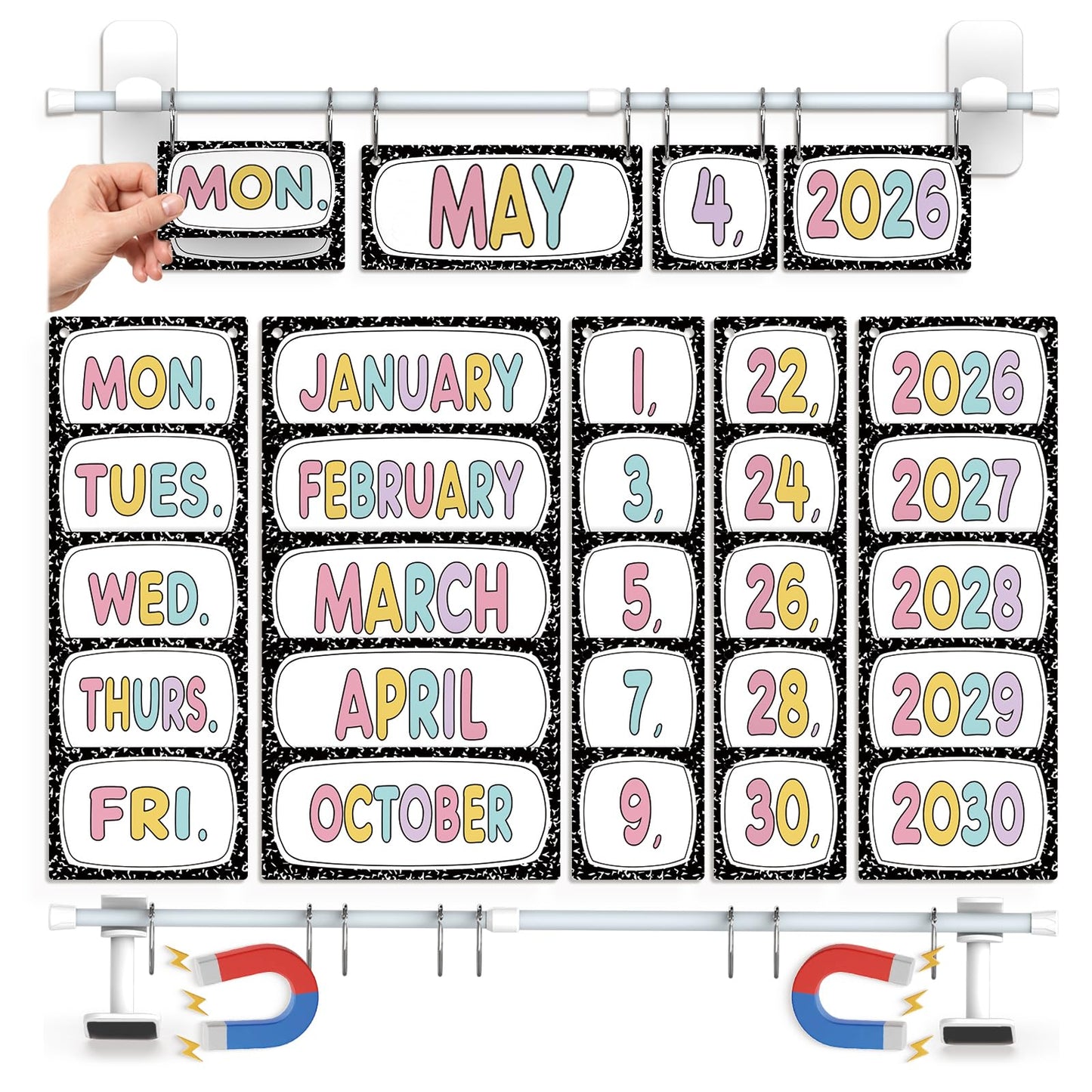 Magnetic Flip Calendar for Classroom - Composition Notebook Date Flip Calendar Set with Magnetic Rod for Classroom Home Whiteboard, Pastel Back to School Decor for Teacher Supplies