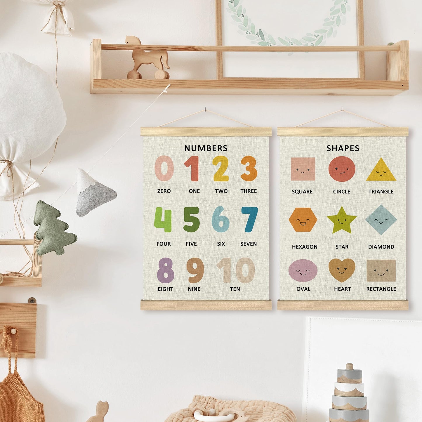 BCUANGD Classroom Wall Decor - Toddlers Kids Numbers Poster Hanger with Wood Frames Set of 2, Neutral Educational Wall Hanging Canvas Decor for Kids Room Nursery Home, 12x16 Inches