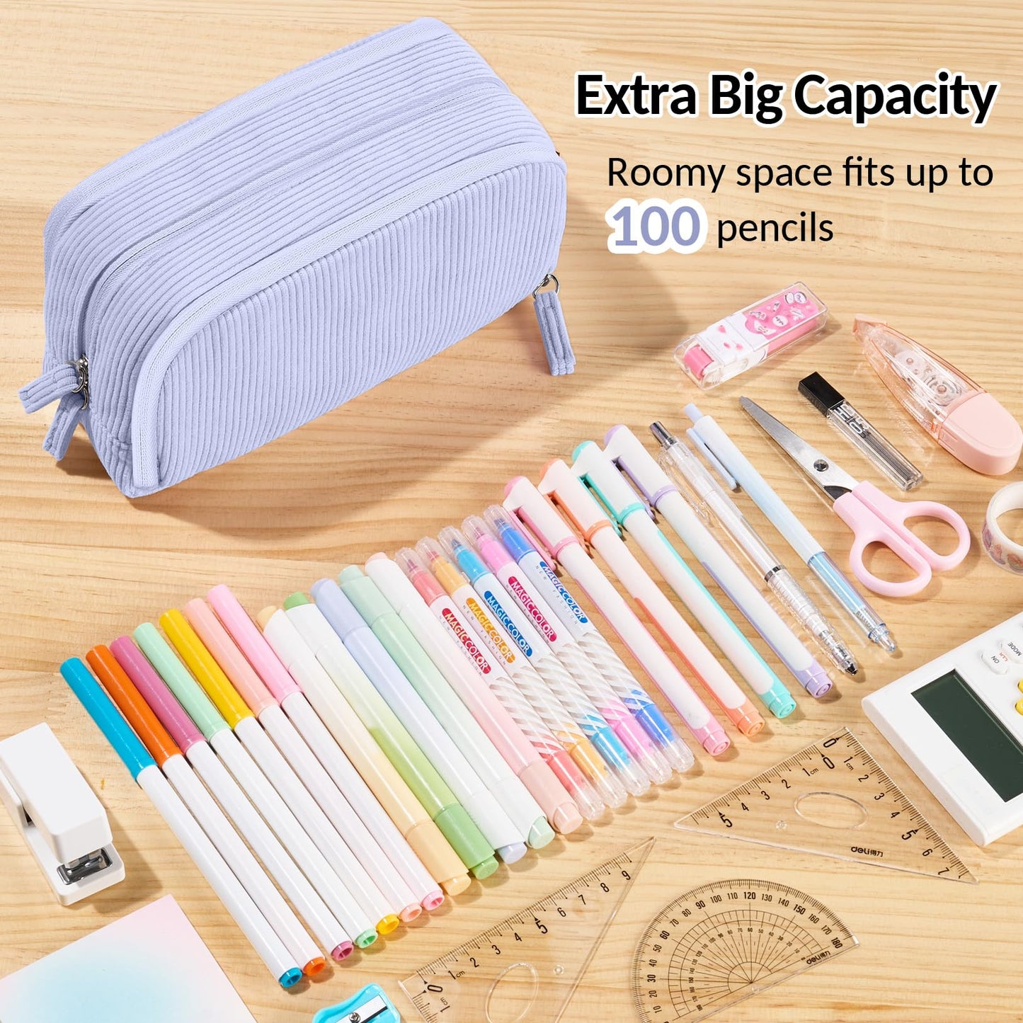 Sooez Big Capacity Pencil Case Pen Pouch, Soft Corduroy Pencil Bag with 3 Compartment, Multiple Pockets, Sturdy Zipper, Cute School Supplies Pen Bag Organizer For Teen Girls College, Blue