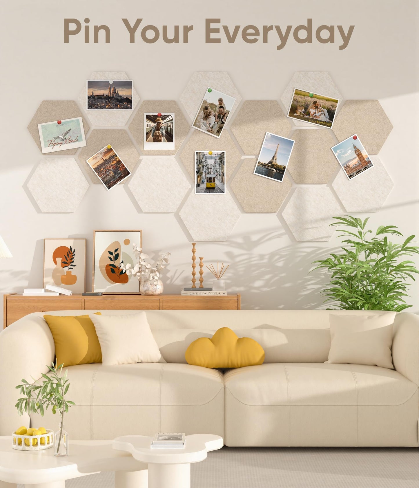 Toptople 12 Inch Large Hexagon Cork Board for Walls, 8 Pack Felt Bulletin Board Tiles, Pin Board with Push Pins for Office Photo and Note, Tan Mix
