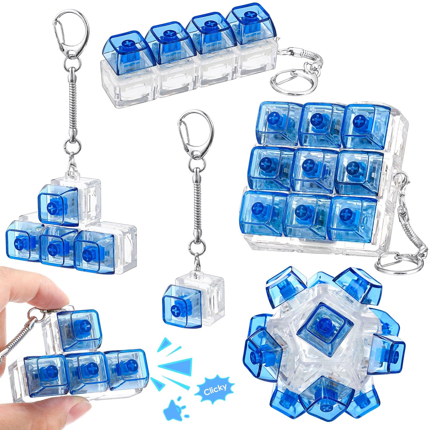 Halloscume 5 Pcs Keyboard Adult Fidget Clicker in 5 Styles Keyboard Fidget Keychain Cube Mechanical Key Button Clicker Stress Relief Gift for Office Home Pass Time(Transparent Blue)