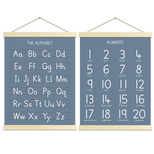Numbers Alphabet Poster for Toddlers,Educational Wall Chart for Nursery Kids Learning, Homeschool & Playroom Decor and Bedroom for Wooden Hanger Frame Set of 2, 12x18 Inch - A03