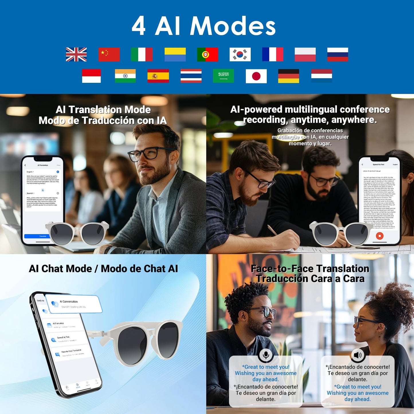 GetD AI Glasses for Men & Women, Low Bridge Fit, Smart Sunglasses Powered by ChatGPT with 74-Language Translation, Bluetooth 5.4, 11H Music/9H Call, UV400 & Polarized Lenses for Travel & Daily Use