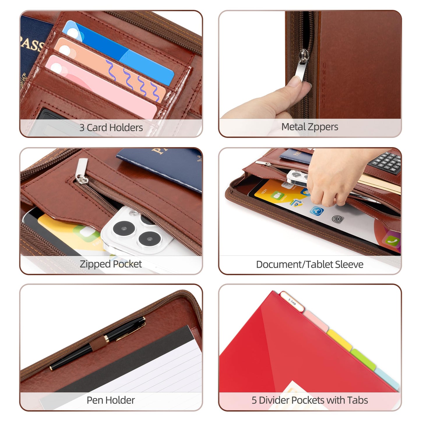 Ospelelf 3 Ring Binder Portfolio Folder with Zipper- Leather Padfolio with Clipboard Storage- Calculator, 12.1” Tablet Sleeve, 5 Dividers with Pocket, Refillable Notepad, Card Slot (Red Brown)