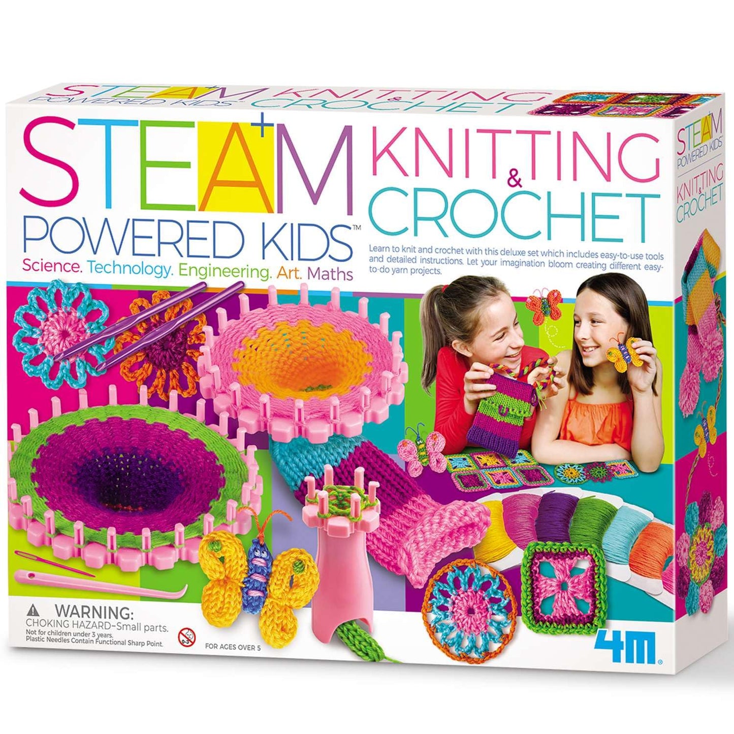 4M Knitting & Crochet Kit for Kids Ages 8-12 – Learn to Knit with French Knitting Reel, Crochet Hooks, Yarn, Scarf & Handbag Projects, Beginner Craft Set for Girls and Boys, STEM Arts & Crafts Gift