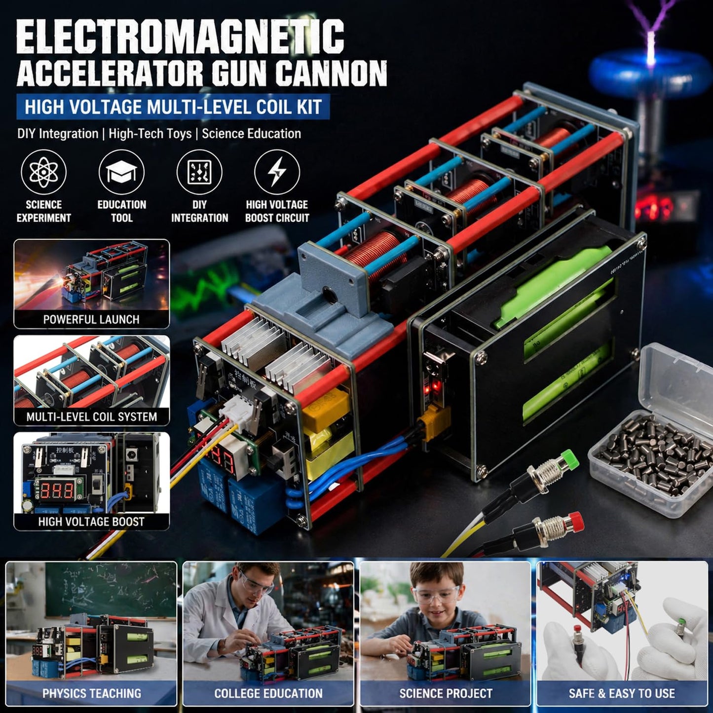 Electromagnetic Accelerator Gun Cannon High Voltage, DIY Integration Multi-Level Coil Kit, for Science Physics Teaching Experiment Tool College Education Model, High-Tech Toys,Integrated Boost Circuit