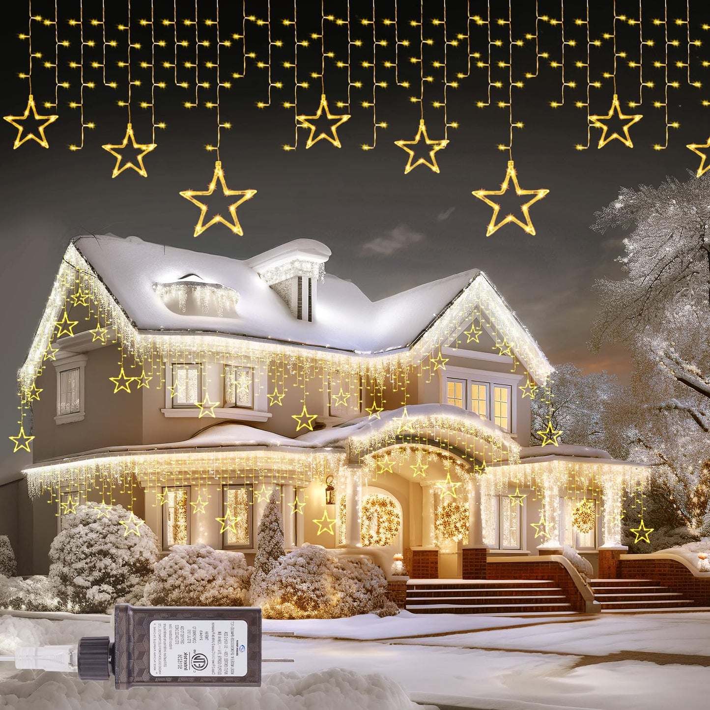 Minetom Icicle Lights Outdoor 200 LED 20FT Star Warm White Waterproof DMO-300 8 Modes with Timer