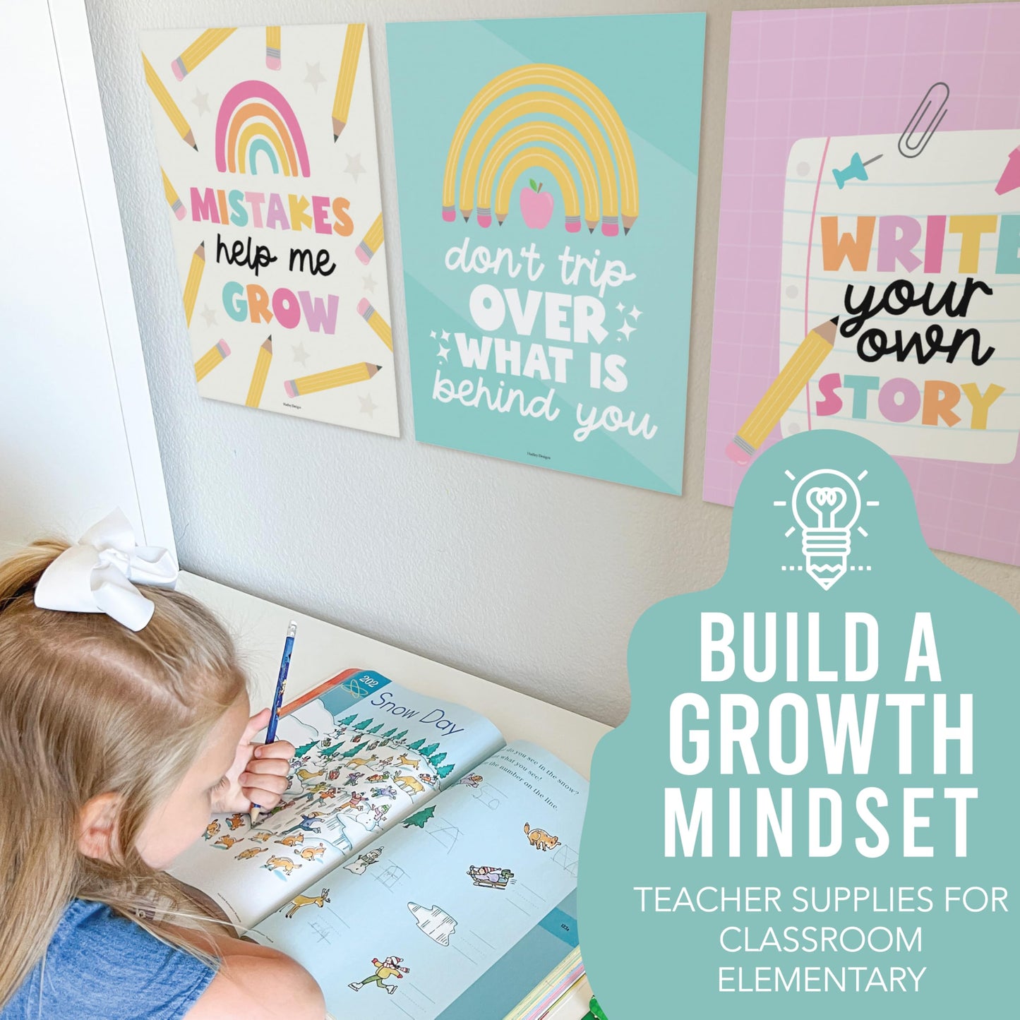 Hadley Designs Motivational Poster for Classroom Decor - 9 Growth Mindset Classroom Posters Elementary, Inspirational Wall Decor Middle School, Teacher Must Haves, Pastel Bulletin Board Decorations
