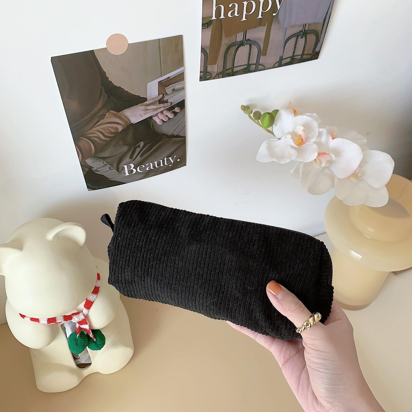 OZAOZ Cute Pencil Case Aesthetic Student Pencil Pouch Coin Pen Pouch Cosmetic Bag Office Stationery Organizer For Kids Teen School (Black)