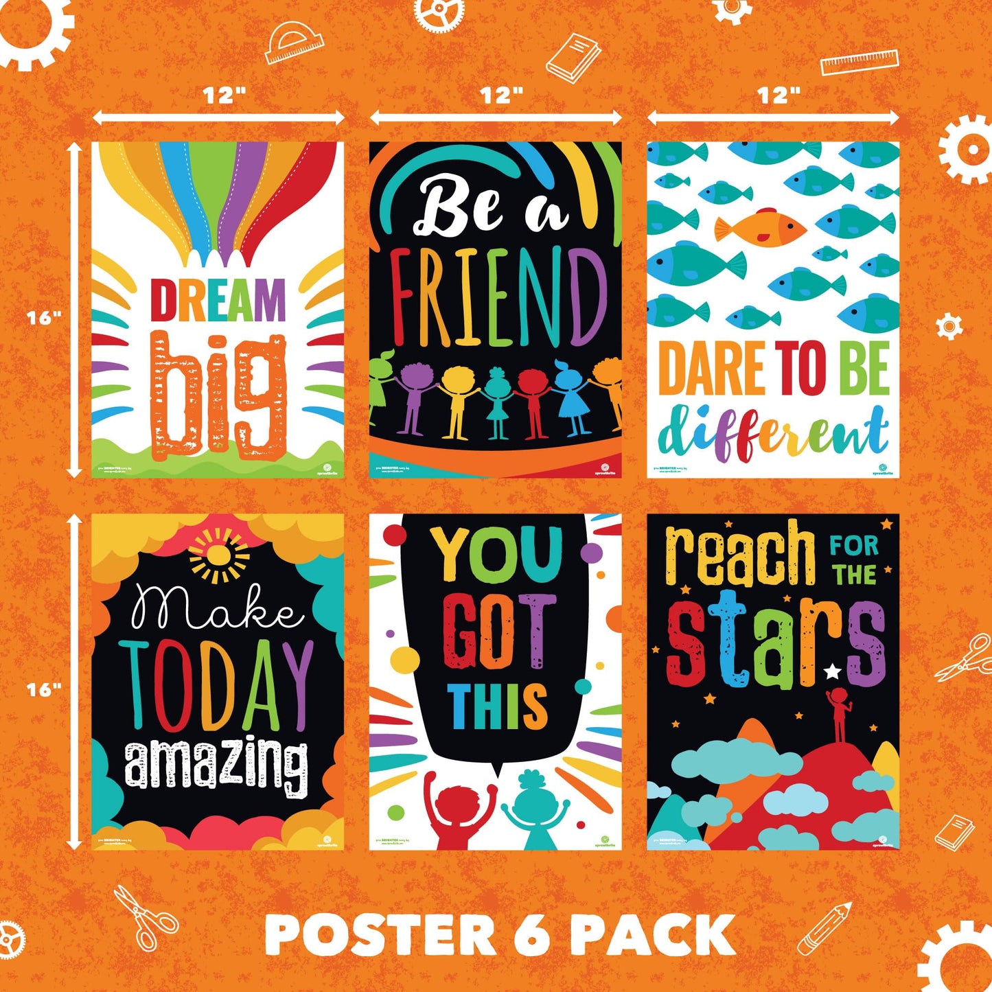 Sproutbrite 6 Educational Posters & Charts 12” x 16” Motivational Posters for Students - Bulletin Board and Wall Decor for Pre, Elementary and Middle School - Inspires Confidence and Positive Self-Belief