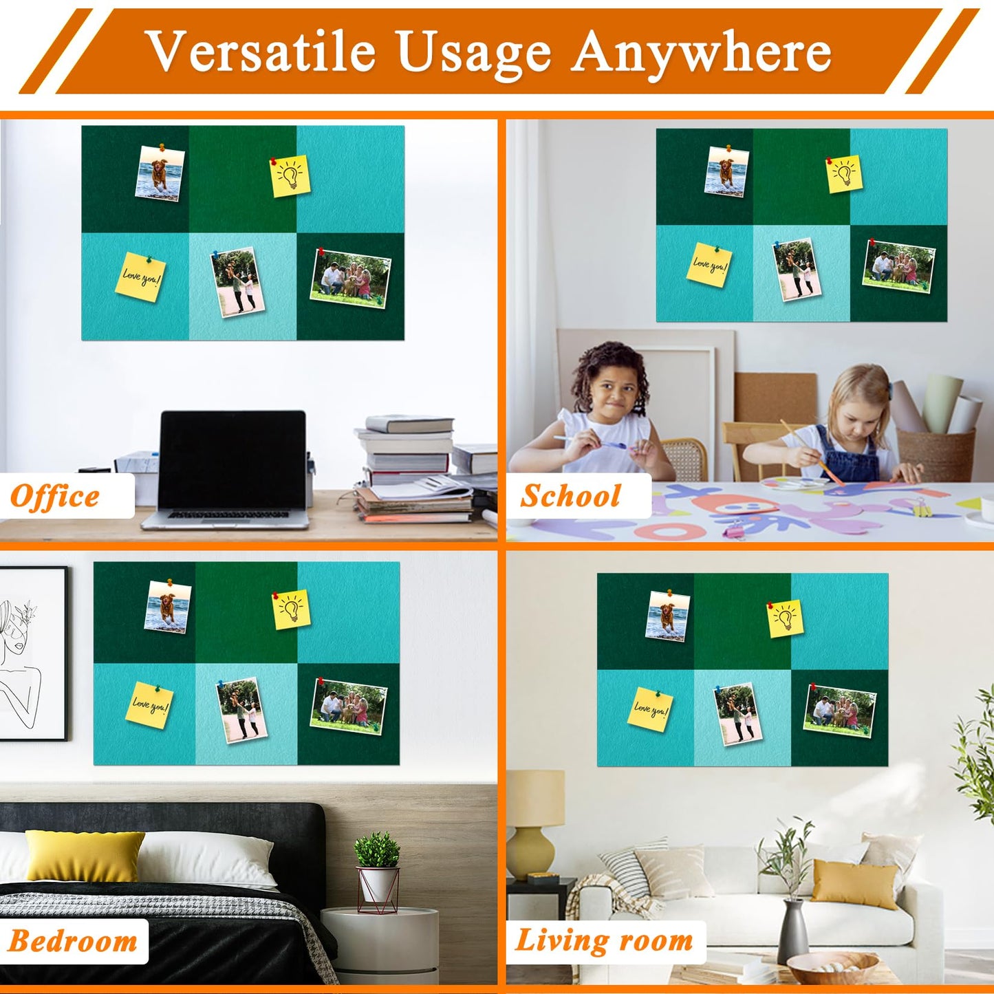 HULAVO Square Felt Cork Bulletin Board Tiles, Self Adhesive DIY Felt Pin Board for Wall 30" x 20" with 35 Pushpins for Office School Home Wall Decor Stickers Memos Photos Display (Gradual Green)