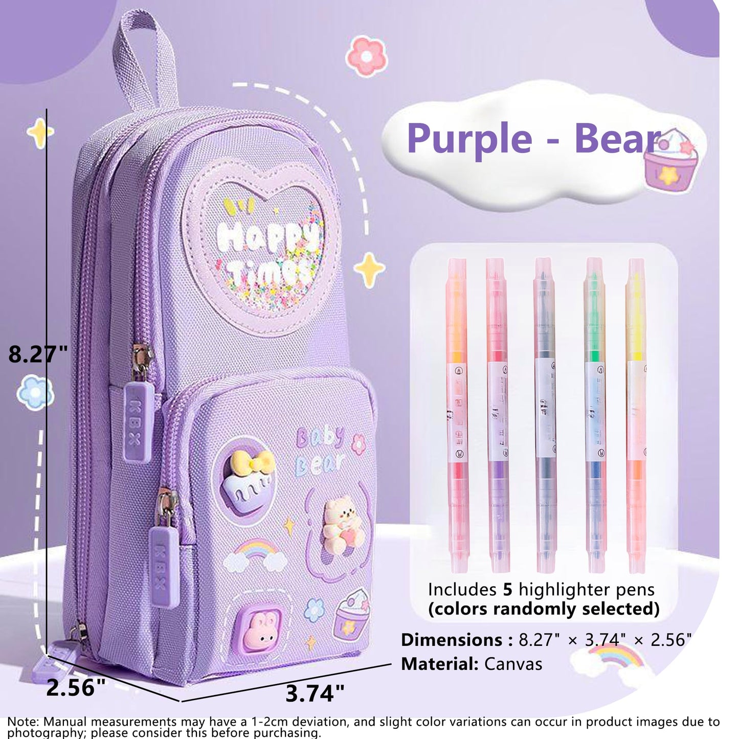 UINSUE Mini Backpack Pencil Case Art Marker Storage Canvas Makeup Pocket Small Gadget Bag Organizer Random Free of Highlighters (Bear Purple)
