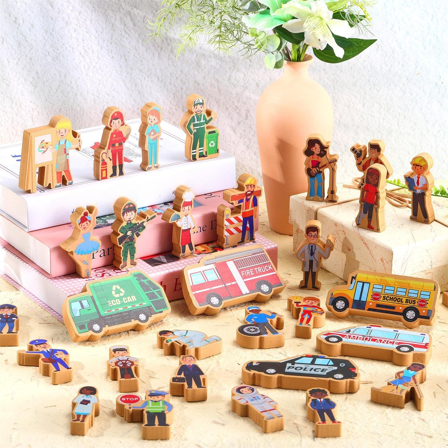 Blosssound 40 Pcs Wooden Community Helpers Toys Wooden Cars Set Wood People Figures Multicultural Career Wood Blocks for Preschool Classroom Diversity Play Games Educational Activity Supplies