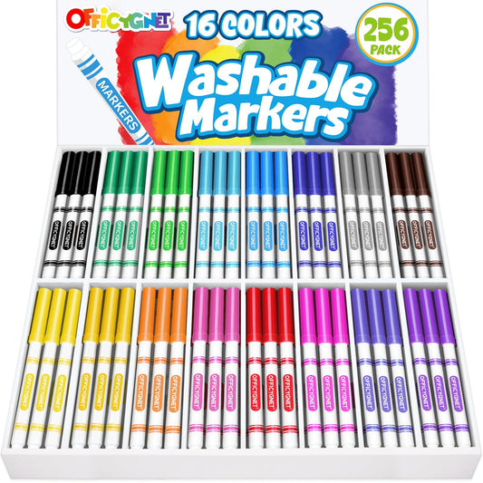 Officygnet 256 Count Washable Markers Bulk, 16 Assorted Colors, Conical Tip with Fine & Broad Line Coloring Marker for Kids, Markers Bulk for Classroom, School Art Supplies, Back to School Essentials