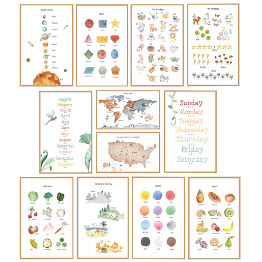 Educational Posters for Toddlers 11x17" Set of 12 - Learning Preschool Posters - Including: Alphabet , Numbers, Months, Days of the Week, Worldmap, USA Map, Solar System, Seasons, Shapes, Colors,