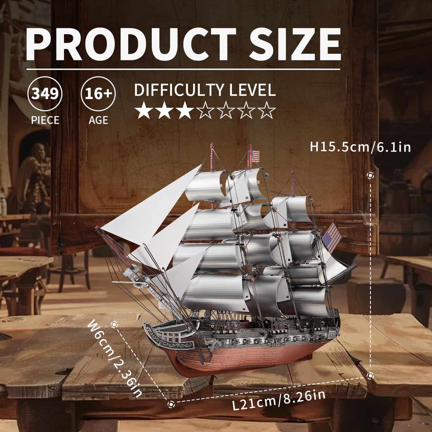 Piececool 3D Metal Puzzles, USS Constitution Sailing Boat Models for Adults Sailing Frigate Warship Sailboat Ship Model Building Kits Hobby Crafts for Adults Creative Gift Ideas Birthday Christmas