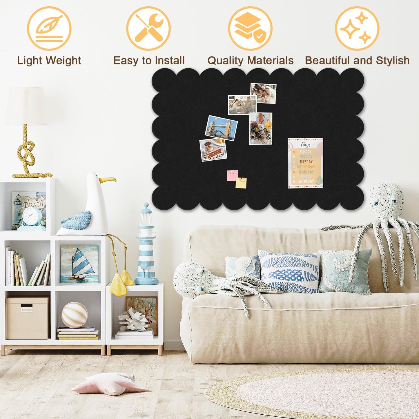 Black Scalloped Felt Bulletin Board - 36 x 24 Inches Large Felt Board Foldable Cork Board Alternative Photo Board Self-Adhesive Vision Board Decorative Pin Board for Wall
