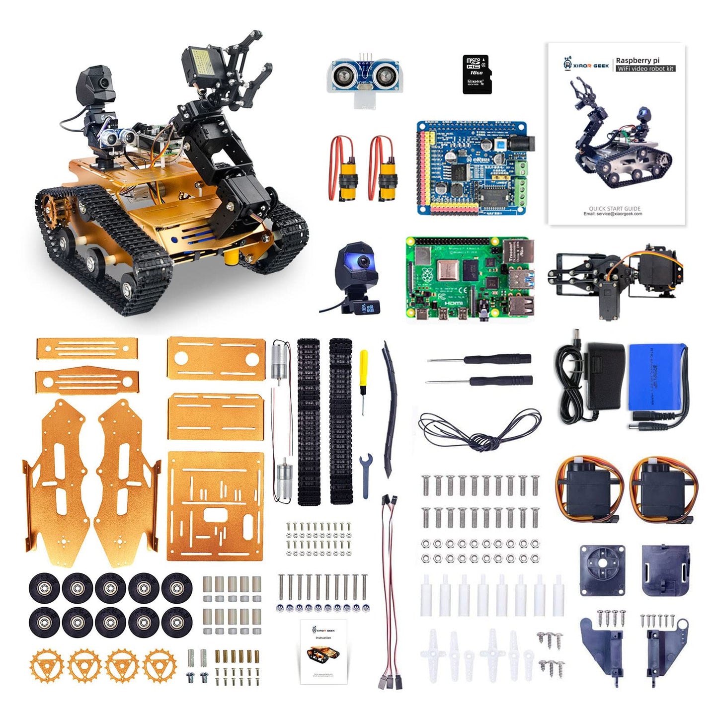 XiaoR Geek Raspberry Pi Smart WiFi Robot Car Kit, with 2DOF Hd Camera 4DOF Robotic Arm Tank Chassis Kit, Remote Control Programmable AI Vehicle Toy Controlled by Android/iOS App PC