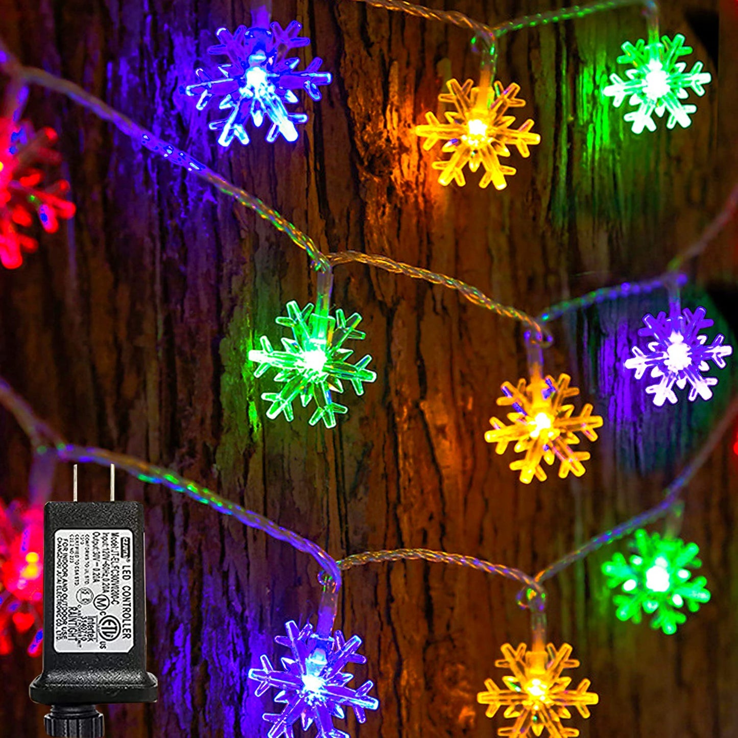 Dazzle Bright 100 LED Christmas Snowflakes String Lights, 49FT, Waterproof, Multi-Colored, 8 Modes, Model HB-300COI