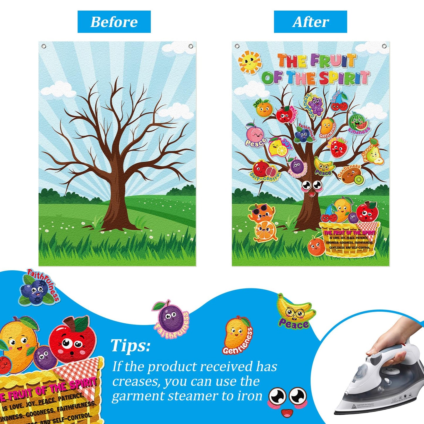 Cinrobiye Fruit of The Spirit Felt Bulletin Board Make Your Own Fruit of the Spirit Tree Crafts DIY Christian Bible Scene Set for Church VBS Sunday School Classroom Activities