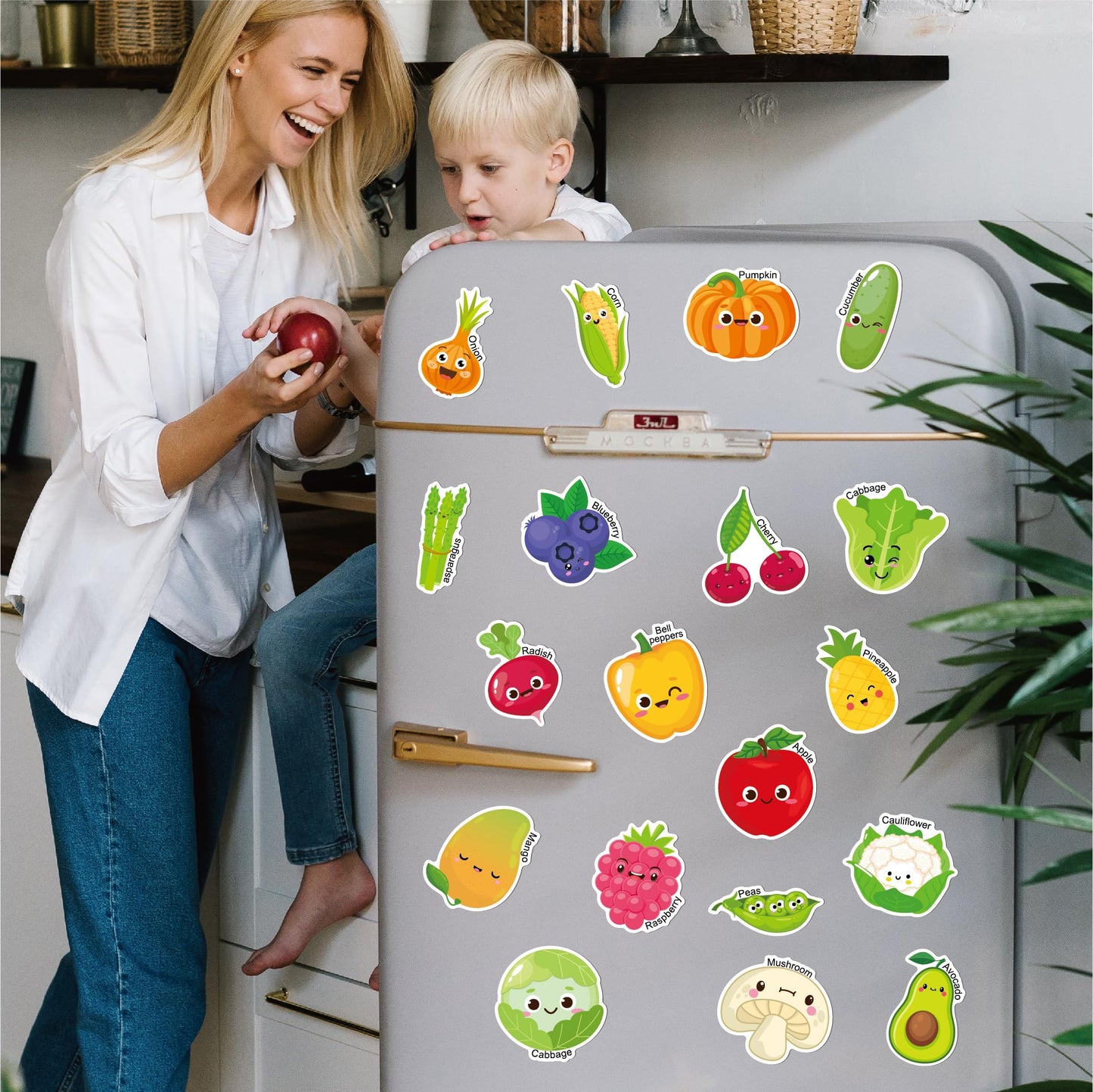 Fecheche Large Size Cute Fridge Magnets for Toddlers, Preschool Spelling Learning Education Refrigerador Magnetic Toy (Fruits Vegetables 43pcs)