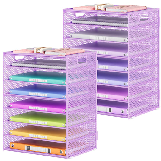 Lavatino 2 Pack 8-Tier Office Desk File Organizer, Letter Tray Paper Organizer with Handle, Including 5 Adjustable Slide Trays for Organizing Desk Workspace Accessories and Supplies (Purple Mesh)