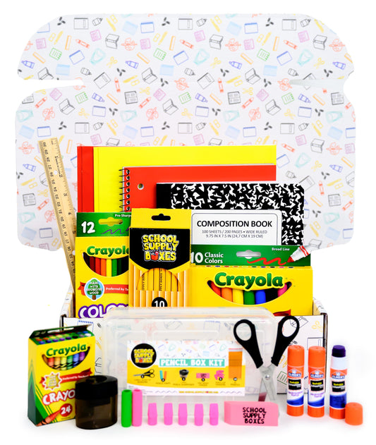 School Supply Boxes | K-5 Bundle (1 Box) | Back to School Essentials Kit for Students & Teachers | Includes Wide-Ruled Paper Products, Crayons, Markers, Colored Pencils, & More