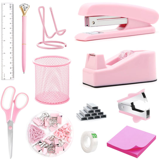 Pink Office Supplies, Pink Desk Accessories, Stapler, Staple Remover, Tape Holder, Pen Holder, Ballpoint Pen, Scissor, Binder Clips, 1000pcs Staples, Phone Holder, Ruler, Transparent Glue and Notes