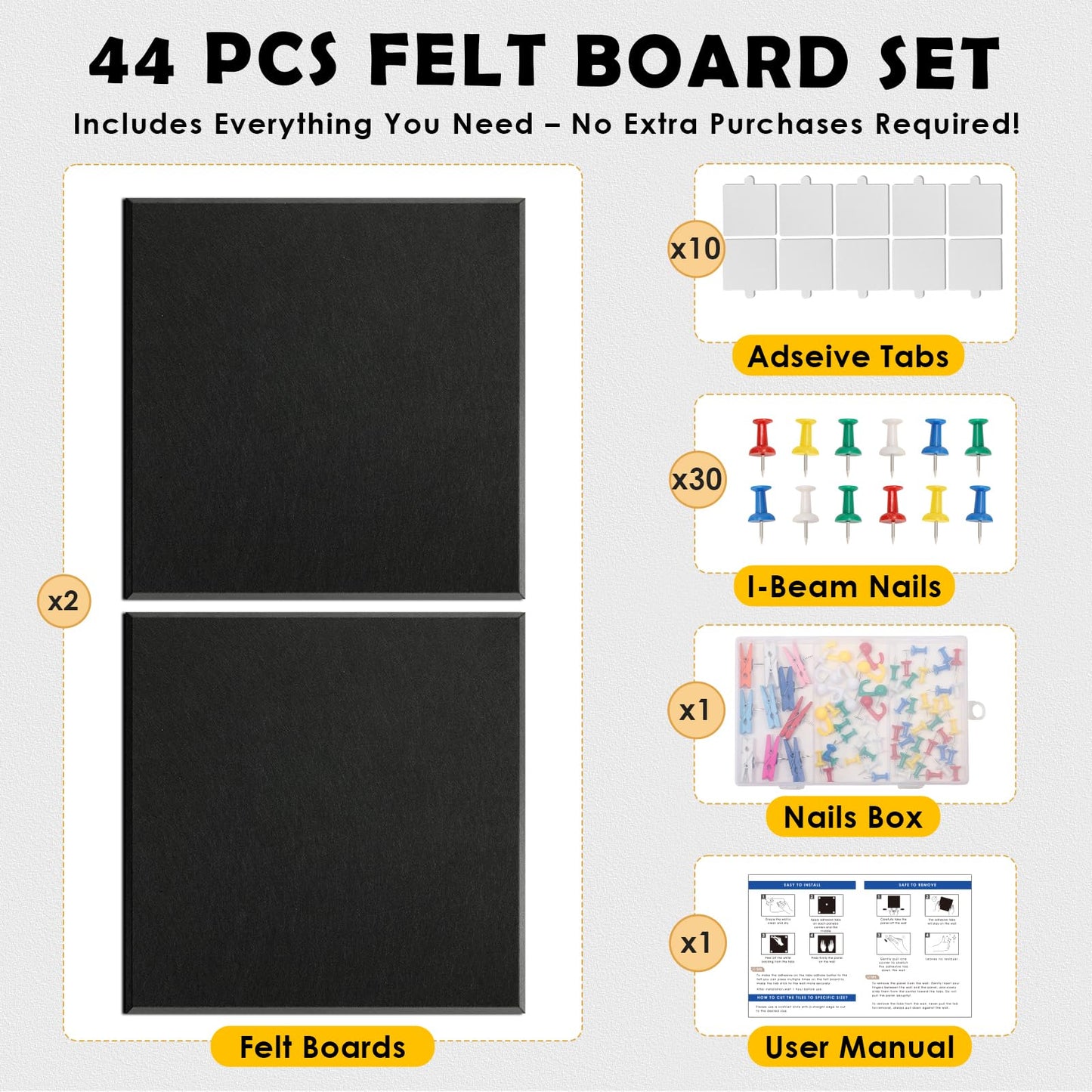 MAPVOLUT 2 Pcs Felt Boards - 24"x12" Reusable Cork Board Alternative for Wall with 30 Pins, 10 No-Trace Adhesive & Guide - Perfect for Office, Classroom, Home Decor, Bulletin Board, and Dartboard