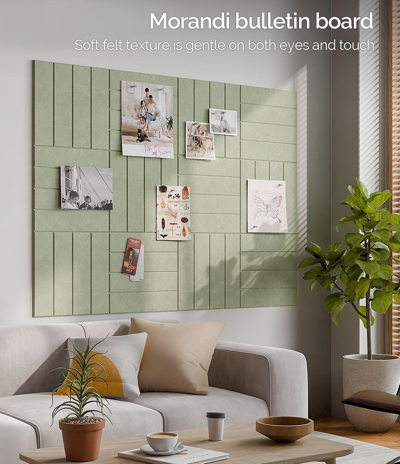Bounmer Large Cork Board Alternative 48“ x 36”, 12-Pack Felt Bulletin Board Tiles with 60 Safe Removable Adhesive Tabs & 30 Pushpins, Cork Boards for Office Walls Decor (Sage)
