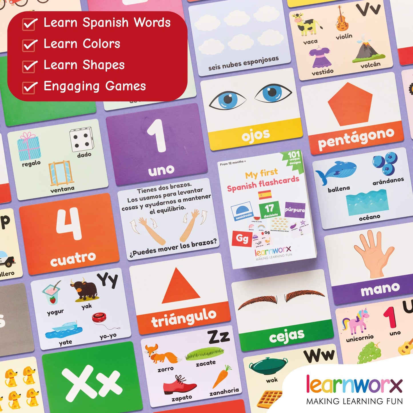Spanish Flash Cards for Kids and Toddlers - 101 Cards - 202 Sides - Learn Shapes, Numbers, Colors, Body Parts, Counting, Letters & More - Great Value, Fun Learning and Educational Flashcards
