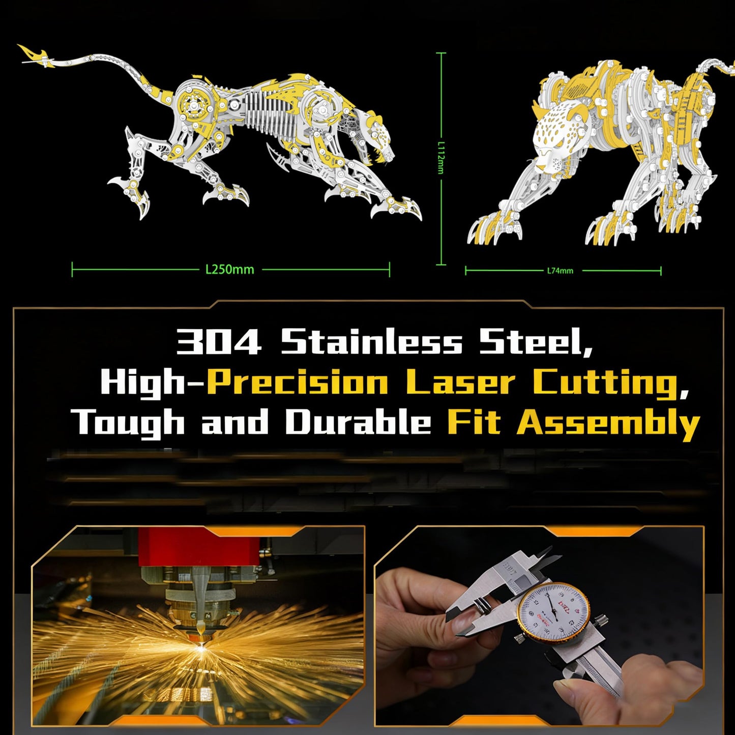 3D Metal Puzzle for Adults, 506Pcs Steampunk Mechanical Leopard Model Kits to Build, DIY Creative Art Desktop Ornament for Home Office Decor (Gold)