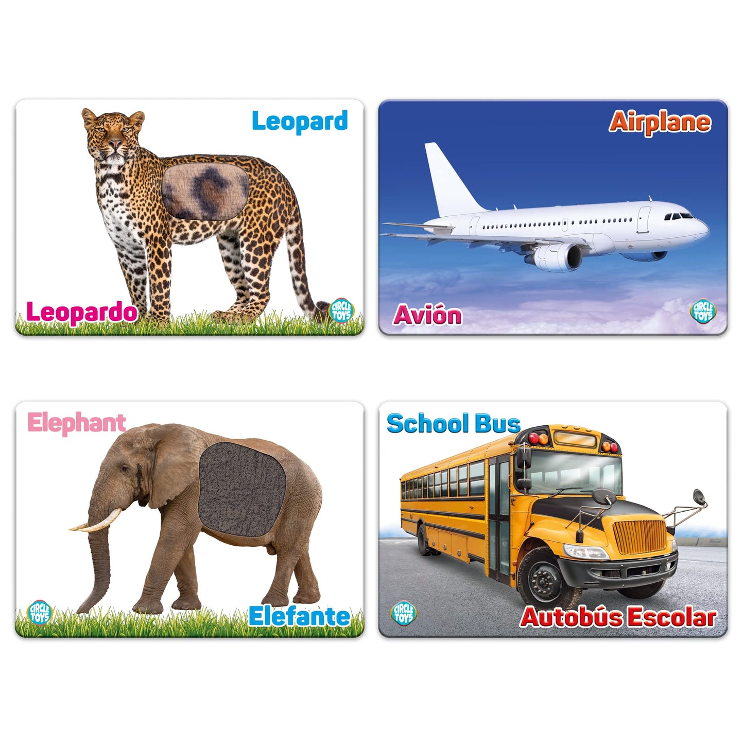 My Touch and Feel English Spanish Bilingual Picture Double Sided Sensory Flash Cards for Infant, Toddlers, Kids, Learn Animals, Fruits, and Vehicles, Fun Learning and Educational Flashcards
