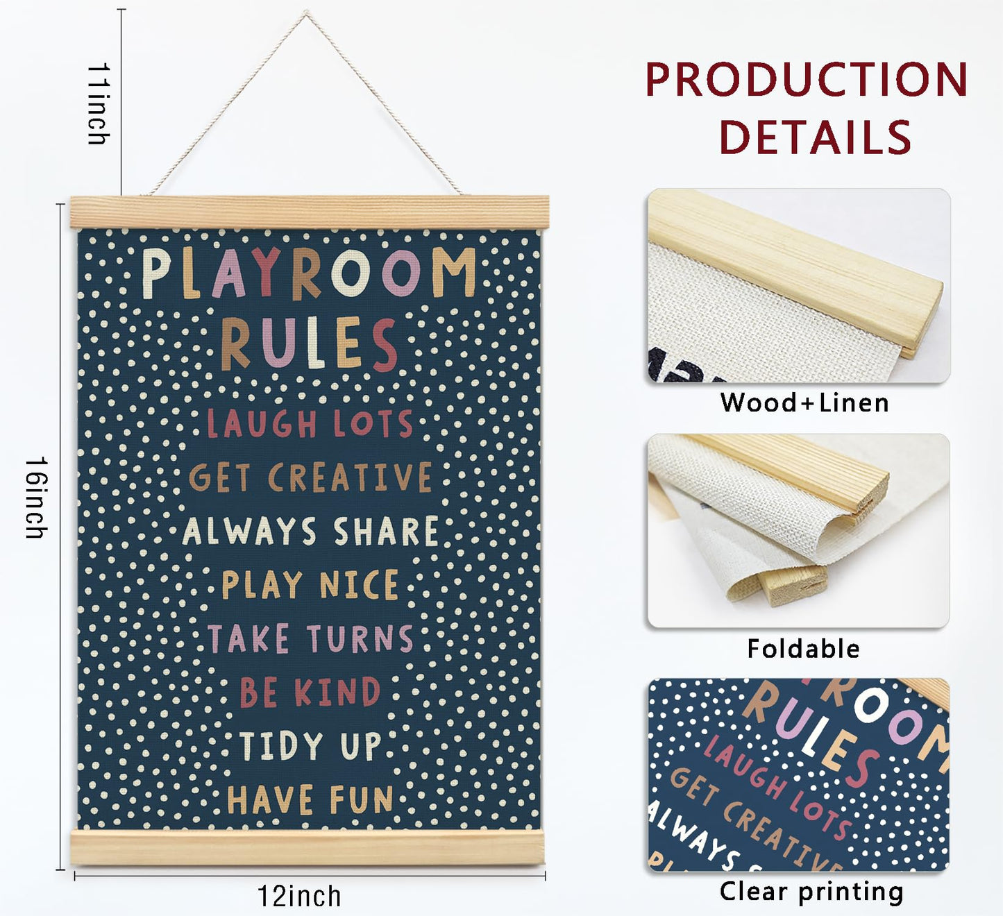 Playroom Kids Tollder Room Wall Decor, Play Room Rules Wall Decor for Kids Play Game Room Bedroom Nursery Home School Playroom Essentials, Canvas Hanging Banner Wood Poster Frameds(navy)