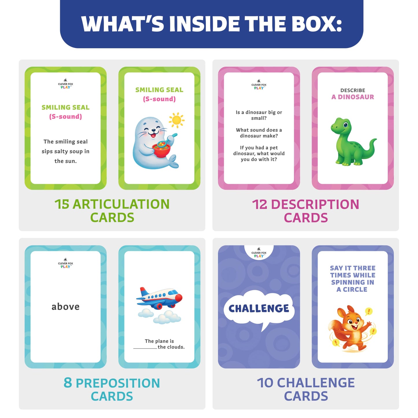Clever Fox Play 3-in-1 Speech Therapy Flash Cards for 3+ Year Olds – Toddler Learning Flash Cards for Speech Therapy Materials – 45 Articulation, Description & Preposition Cards for Preschool