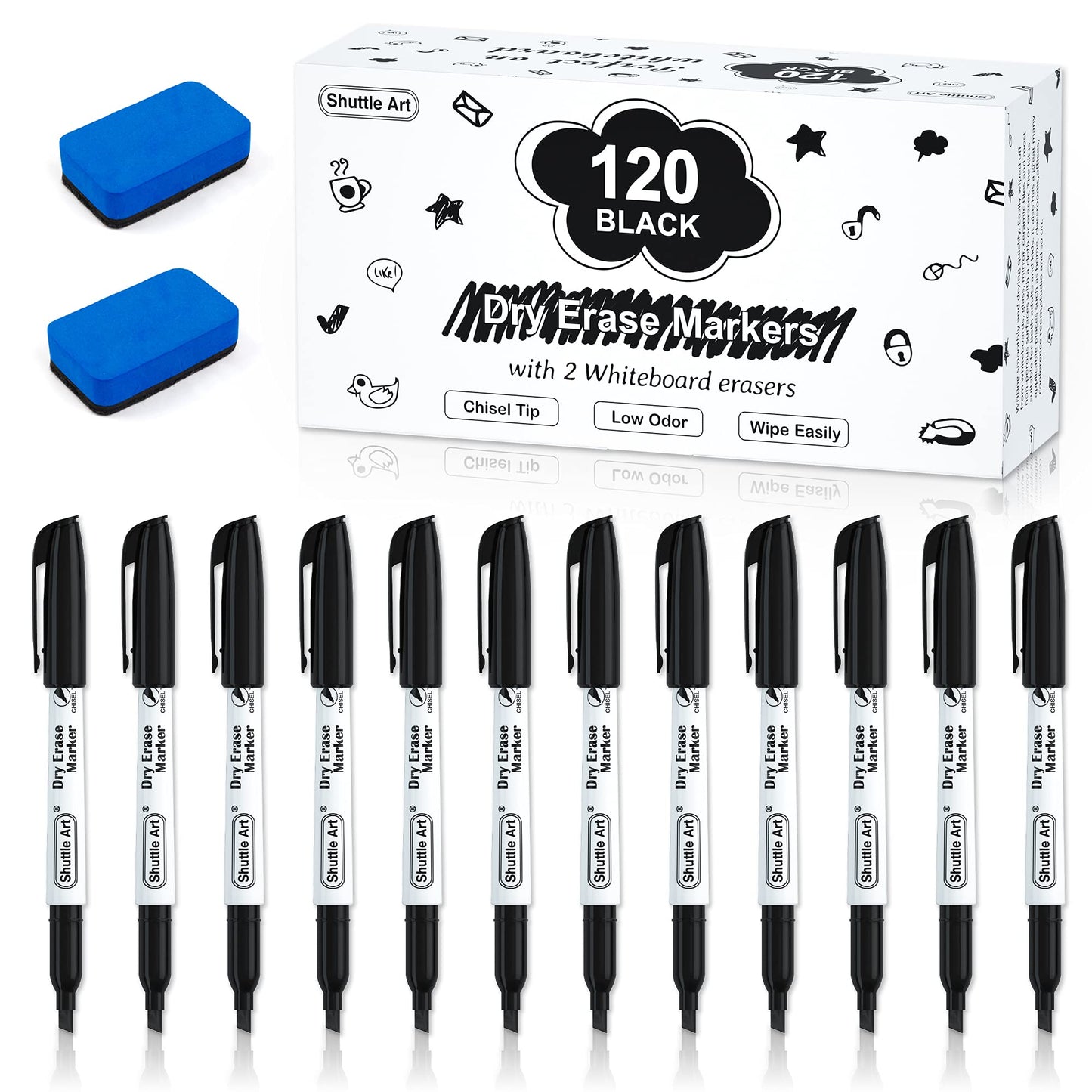 Shuttle Art Dry Erase Markers, 120 Pack Black Whiteboard Markers with 2 Erasers,Chisel Tip Dry Erase Markers, Perfect For Writing on Whiteboards, Dry-Erase Boards,Mirrors for School Office Home