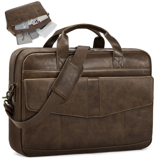 RAINSMORE Mens Messenger Bag, 16" Laptop Bag for Men PU Leather Briefcase, Vintage Waterproof Large Computer Bag, Shoulder Satchel Bag for Work, College, Business, Travel, Daily Commuting