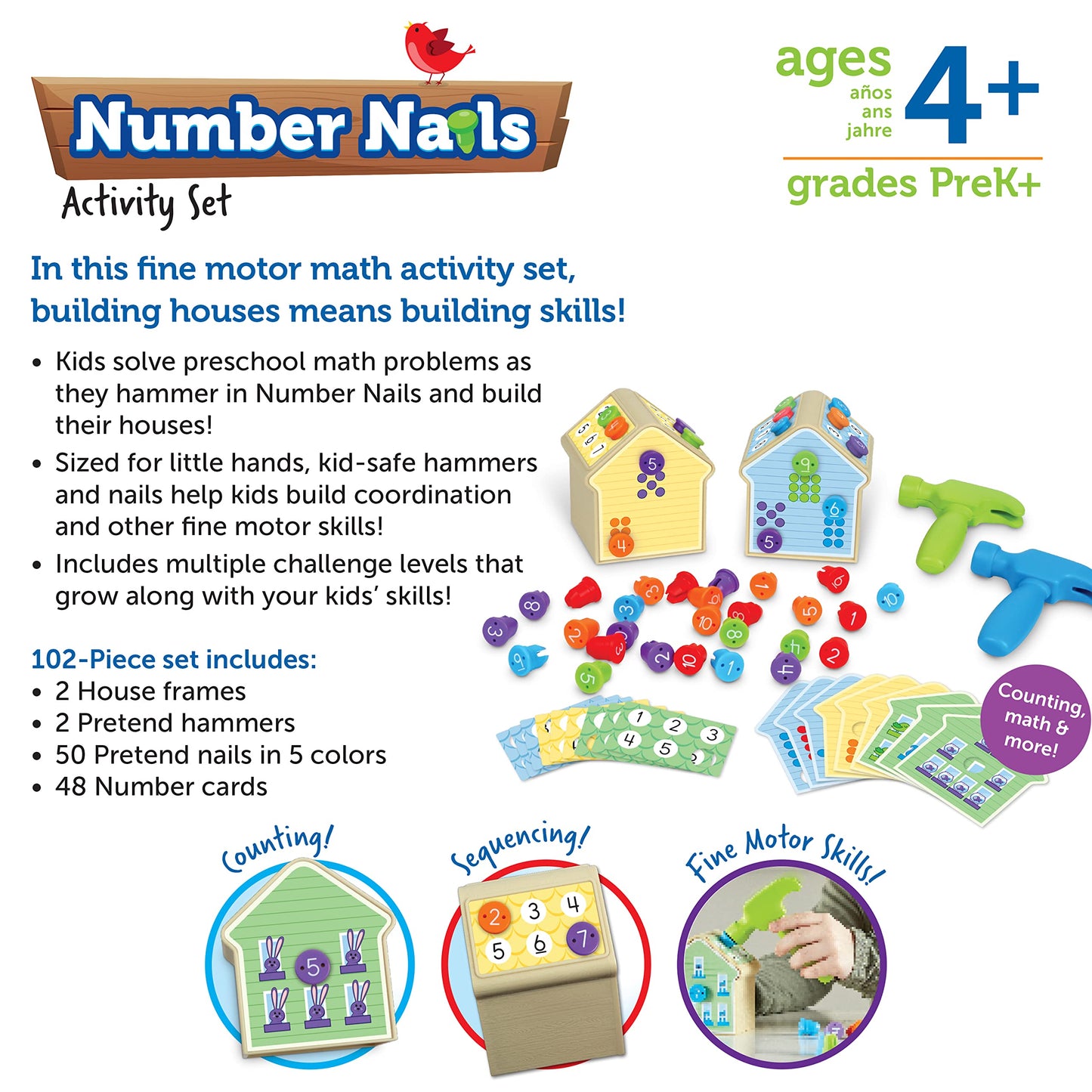 Learning Resources Number Nails Activity Set - Math Manipulatives for Preschoolers Games, Counting Hammer Toy, STEM Fine Motor Skills, Kindergarten Educational Activities, Gifts for Boys and Girls