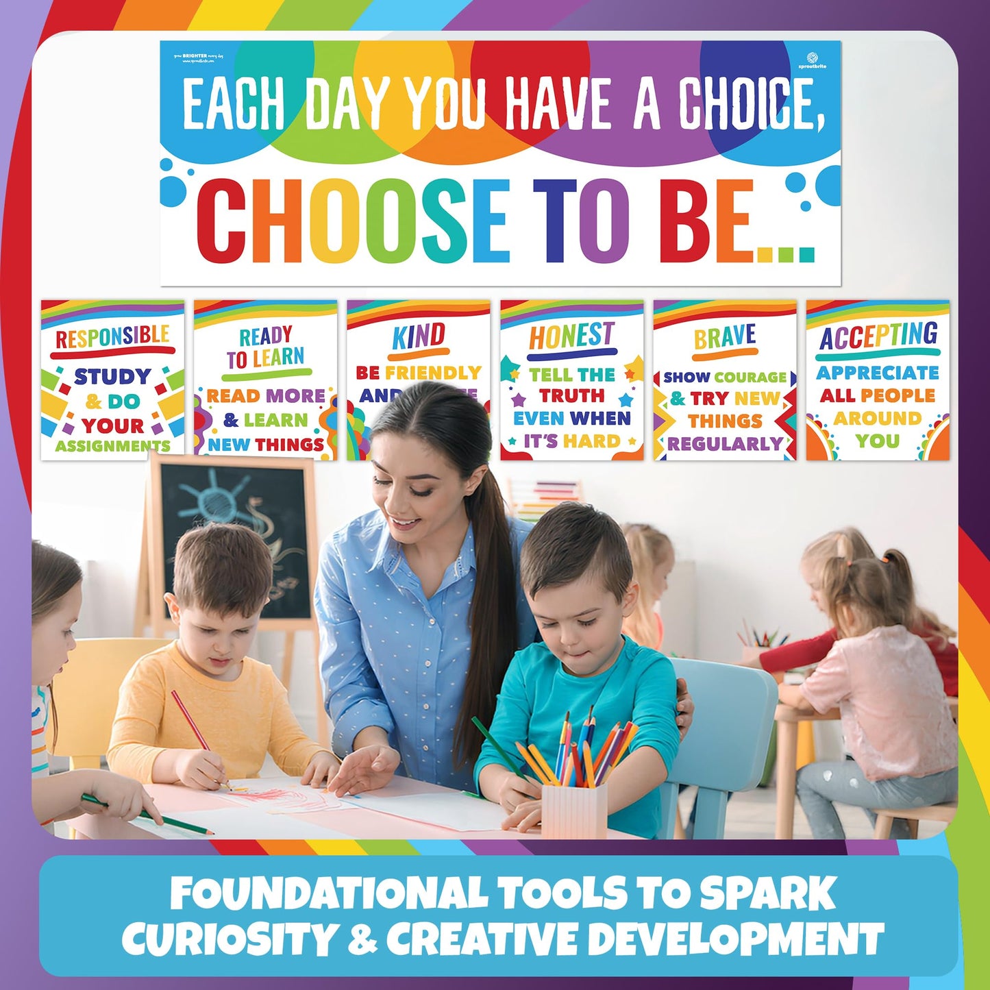 Sproutbrite 7 Educational Posters & Charts - 1 Big Banner 13.5" x 39" and 6 Smaller 12" x 13.5" - Kindness Posters – Motivational Chart and Wall Decor for Pre, Elementary and Middle School - Encourages Positive Choices and Character Development