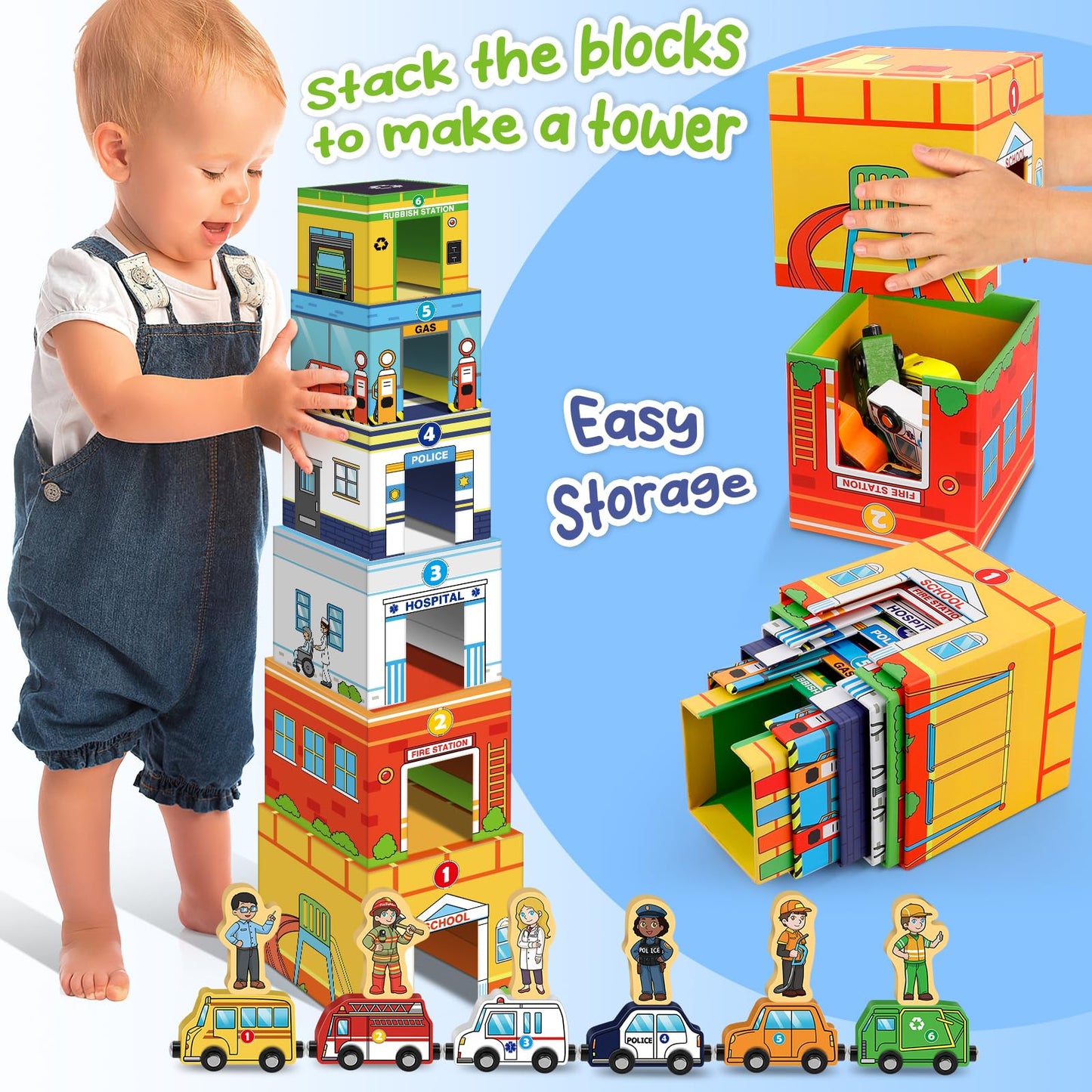 Aizweb Toddler Sorting&Stacking Toys with Magnetic Wooden Vehicle,Cars&Community Helpers,STEM Building Blocks,Educational Learning Montessori Gifts for 1 2 3 Year Old Boys Girls Preschool Kindergarten