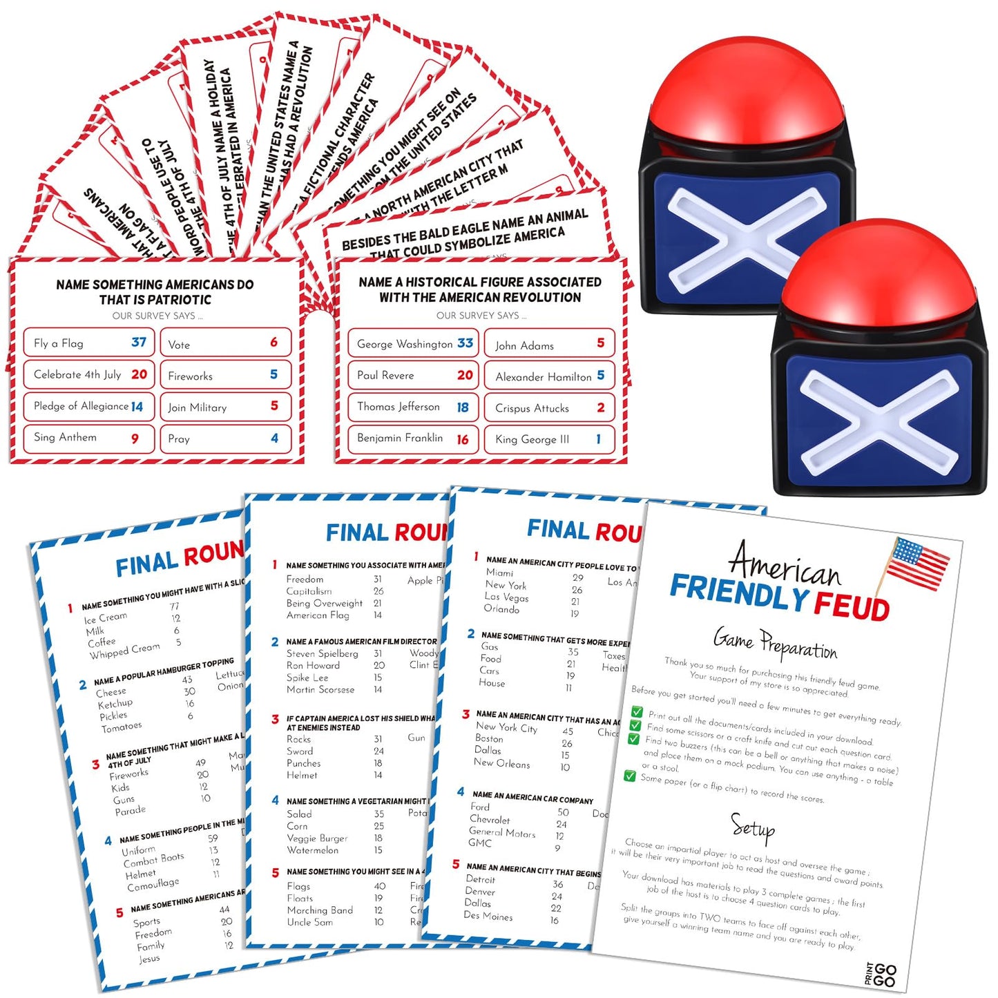 Syhood 4th of July Friendly Feud Game with Answer Buzzer, Patriotic Independence Day Feud Party Game, Fun Family Trivia Quiz Night for Party, Adults, Office, Classroom, Large Group and Team Building