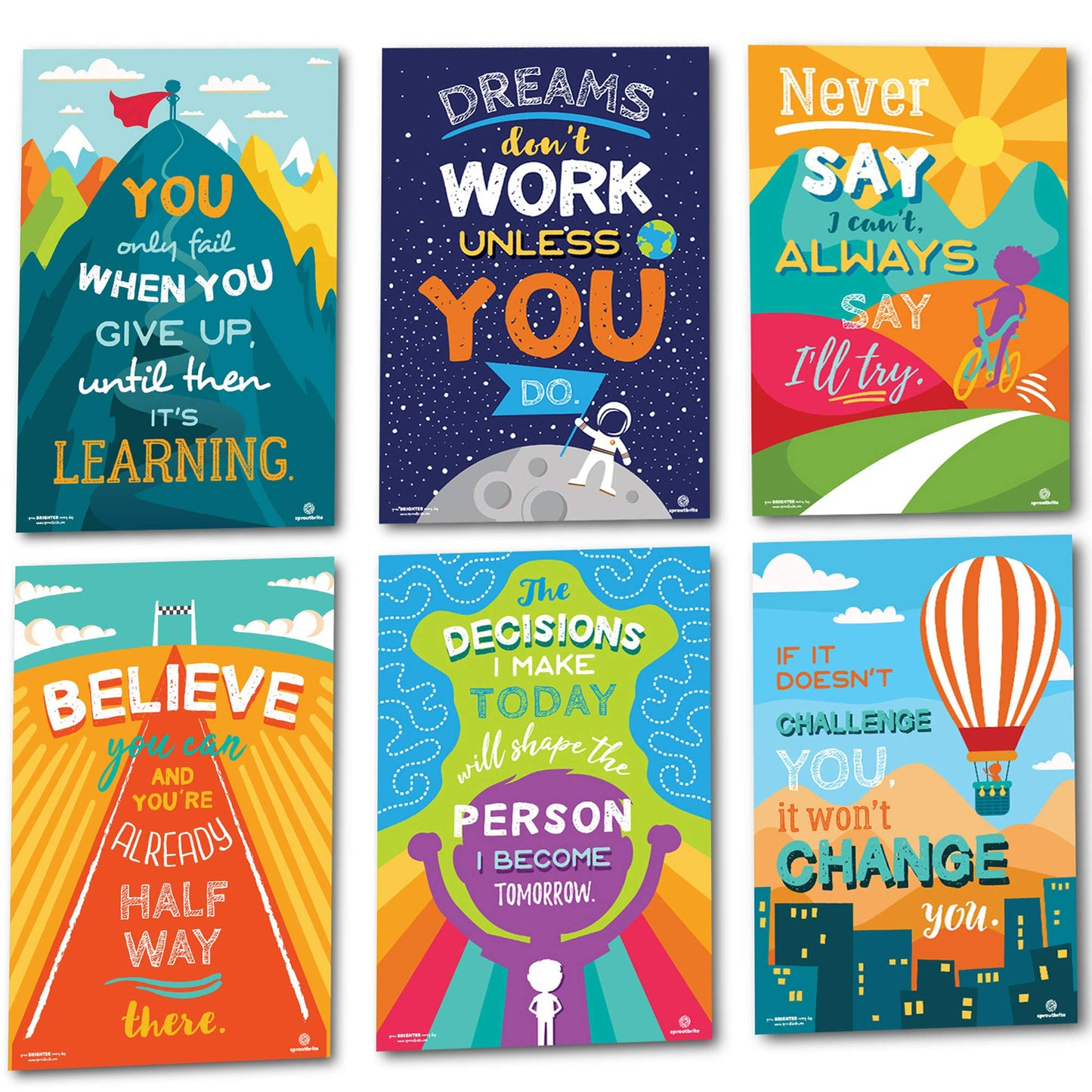 Sproutbrite 12” x 16” Educational Posters Set - 6 Teachers Posters - Classroom Motivational Posters and Wall Decor for Pre, Elementary and Middle School - Builds a Strong Growth Mindset and Self-Belief