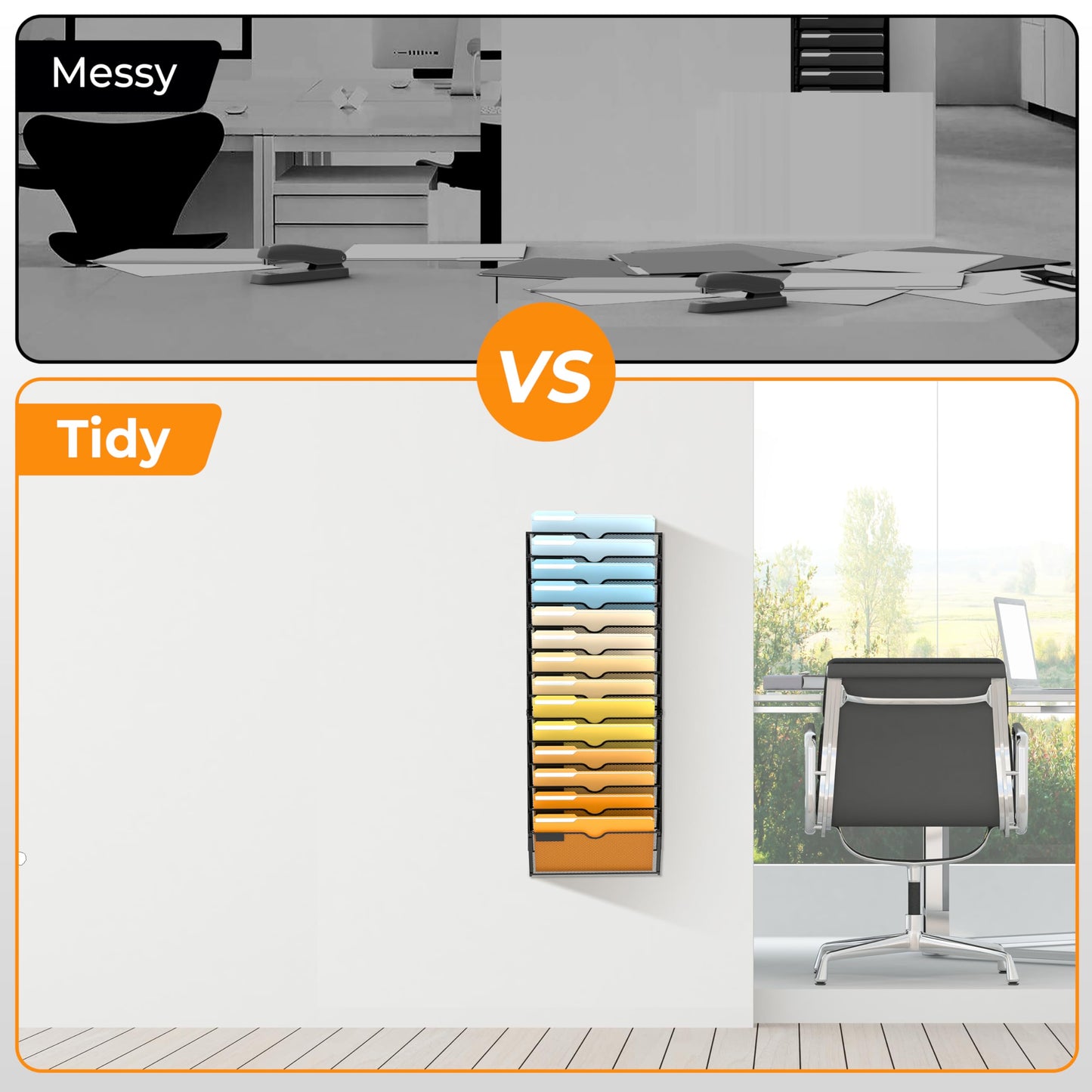 SUPEASY 14 Tier Wall File Organizer, Hanging Wall Mounted Mail Organizer with Label Slots, Metal Mesh File Holder Magazine Rack for Office, Home, School or Classroom, Black
