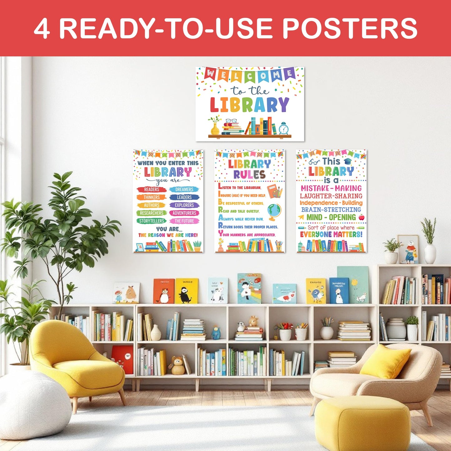 Lalunia 4 Pcs Library Rules Poster (11"x16") - Classroom Library Decorations for Librarian, Media Room, Back to School Educational Posters, Library Bulletin Board Sets, Reading Corner Decor