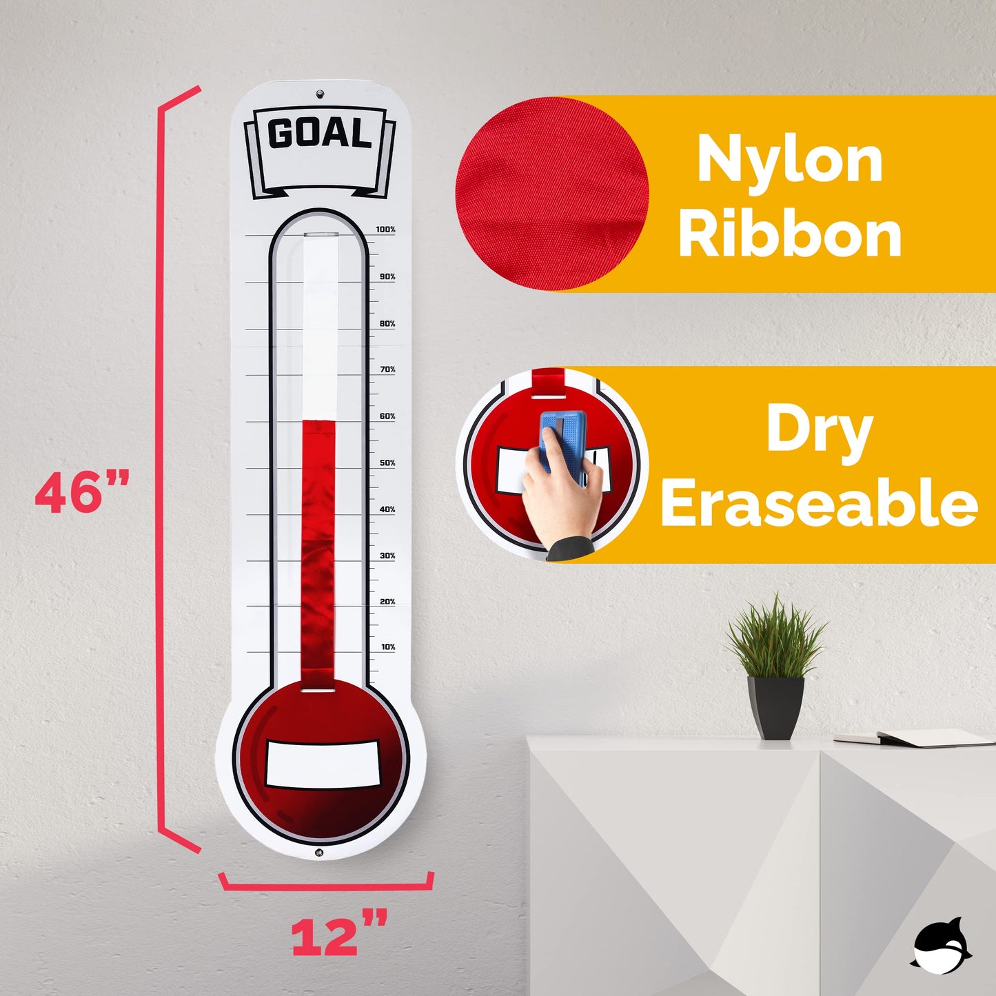 Fundraising Thermometer Chart Goal Tracker | Dry Erase Goal Setting Wall Mounted Thermometer | Giant Sales Goal Board with Pull-Through Ribbon Progress Tracker (46” x 12”) by ORCA