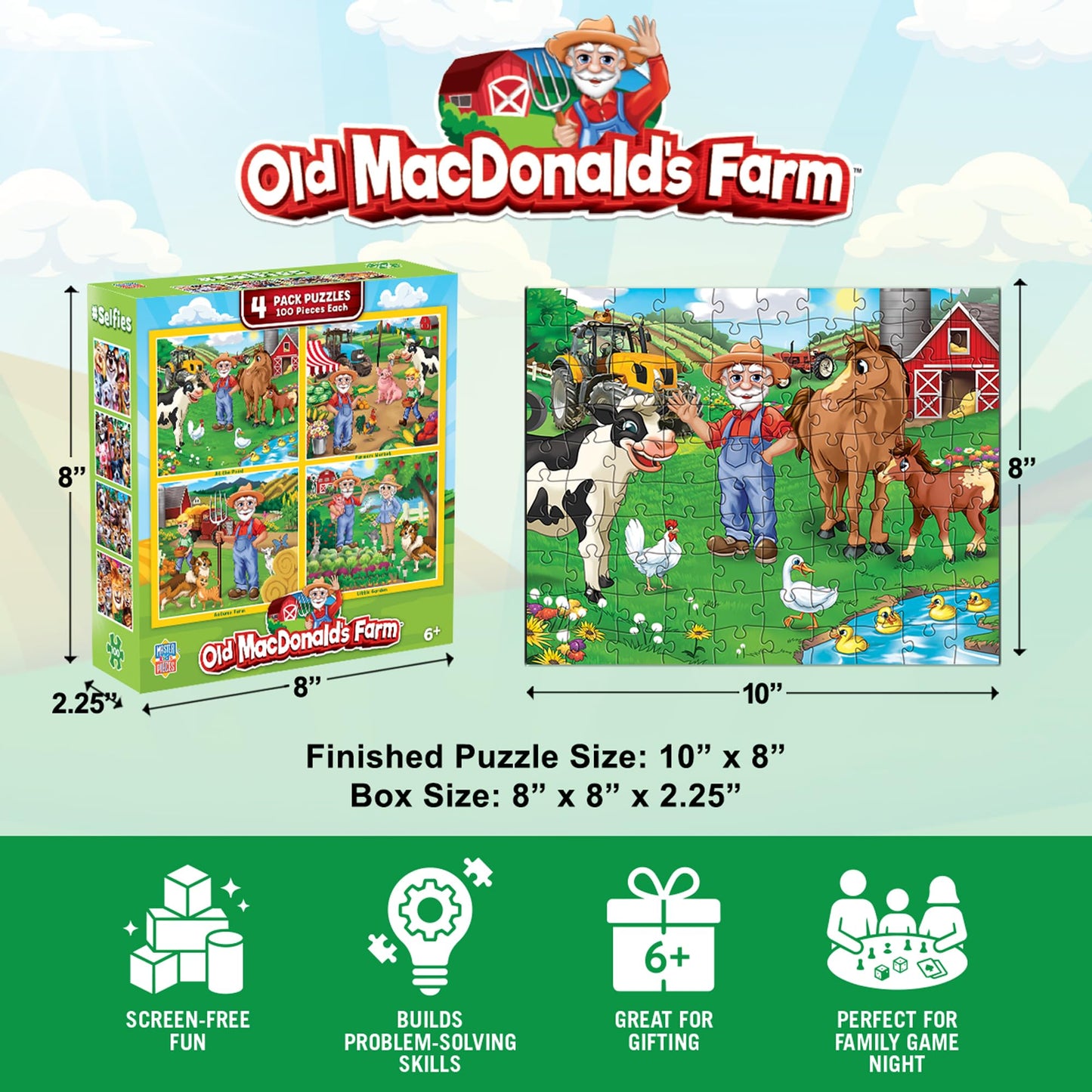 MasterPieces – Jigsaw Puzzle Set for Kids 6+ Years, 4-Pack of 100 Pieces, Educational and Fun Game, Old Macdonald’s Farm Collection, Gift Idea for Children, 8" x 10"