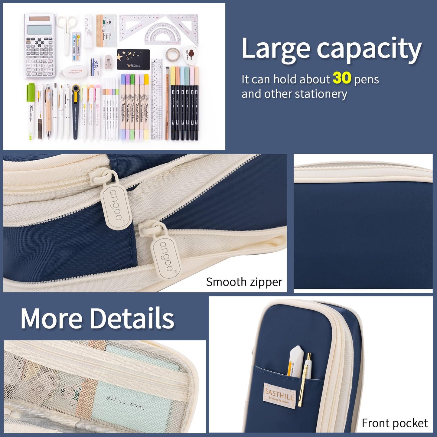 EASTHILL Big Capacity Pencil Case Large Pencil Pouch Stationery Pen Bag for Teen Girls-Navy