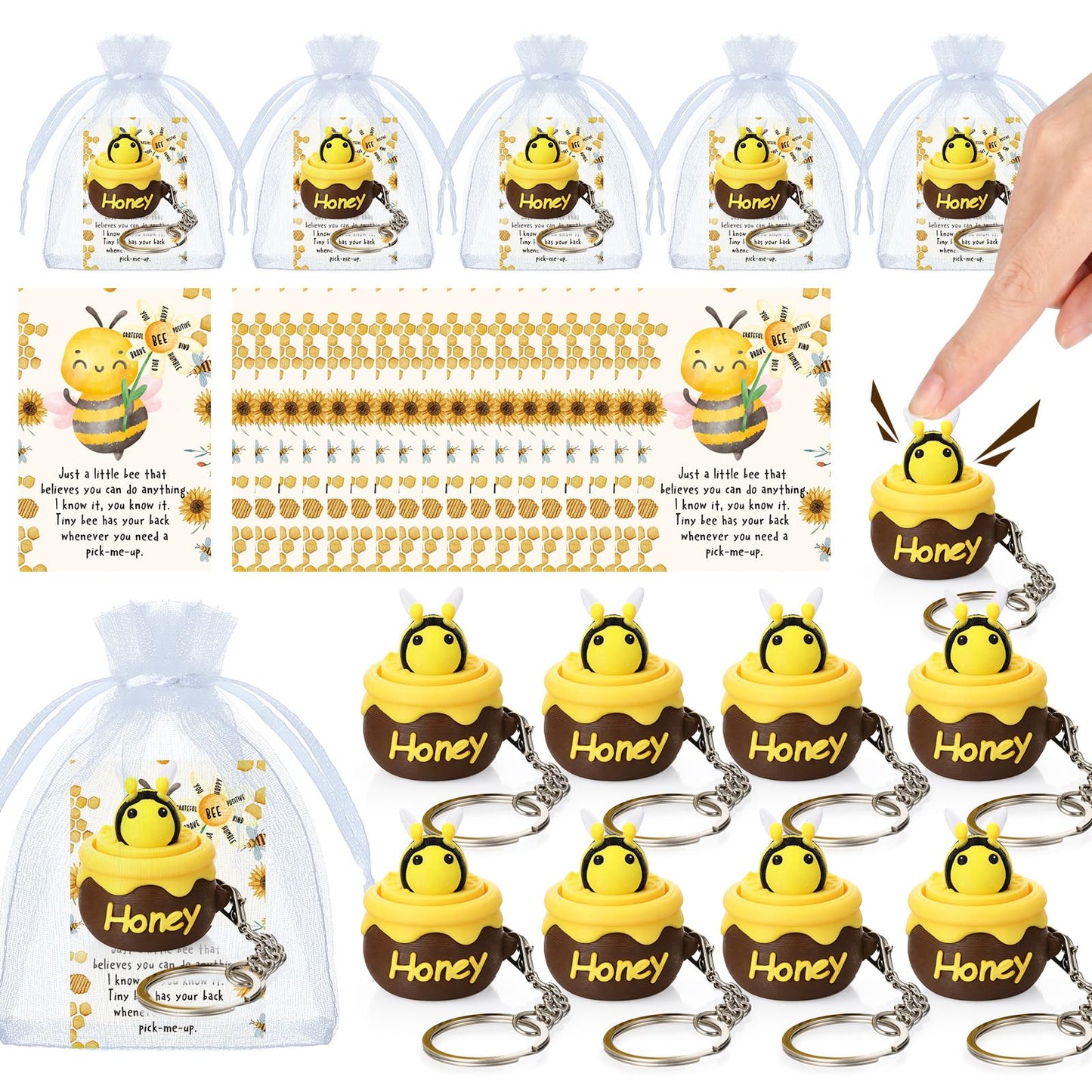 Junkin 24 Sets Bee Clicker Fidget Keychains Positive Gifts 3D Printed Honeybee Clicker Fidget Stress Relief Key Rings with Inspirational Cards for Graduation Teacher Employee Coworker Nurse